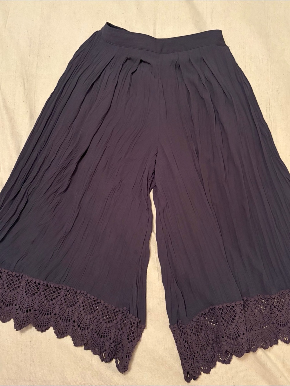 Free People Charcoal Pleated Wide-Leg Cropped Pants with Lace Hem XS